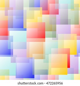 Transparent overlapping square design in pastel rainbow colors on white background. Change the base background color allows interesting color effects.