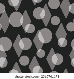 Transparent overlapping white dots and diamonds creating a whiter new shape on a black background to create a repeat seamless vector pattern design.