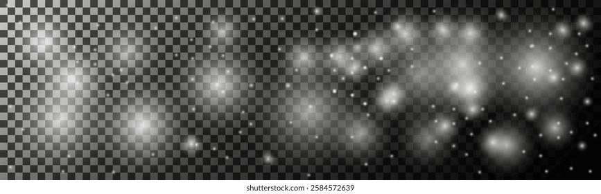 Transparent Overlay of Glowing Light Particles on a Checkered Background. Soft glowing light particles arranged on a transparent checkered background, creating a dreamy effect perfect for designs