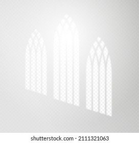 Transparent overlay shadow from the church gothic window. Natural light effect from frame on wall or floor. Mockup design. Vector illustration