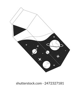 Transparent pack with space milk black and white 2D line cartoon object. Cosmic scene in cardboard box isolated vector outline item. Lo fi fantasy visualization monochromatic flat spot illustration