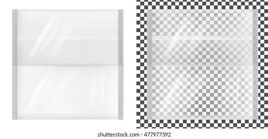 Transparent package with flap for snacks, food, chips, cheese and spices.