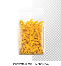 Transparent package with fusilli pasta isolated on white background. Vector illustration. Can be use for template your design, promo, adv. EPS10.	