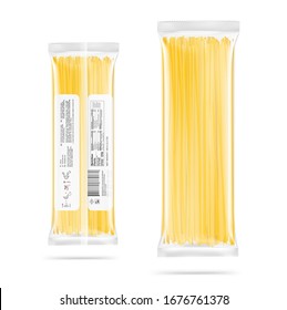 Transparent package with spaghetti pasta isolated on white background. Vector illustration. Can be use for template your design, promo, adv. EPS10.	