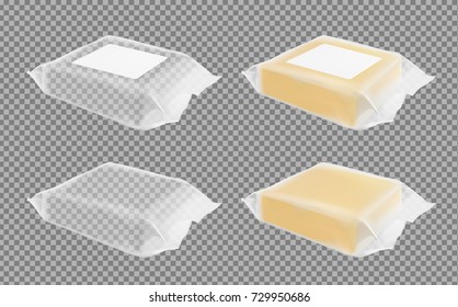 Transparent packaging with cheese or butter.