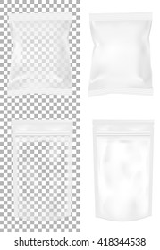 Transparent packaging for snacks, food, chips, sugar and spices. Isolated on a white background