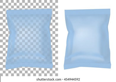 Transparent packaging for snacks, food, chips, sugar and spices. Isolated on a white background.