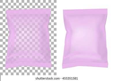 Transparent packaging for snacks, food, chips, sugar and spices. Isolated on a white background.