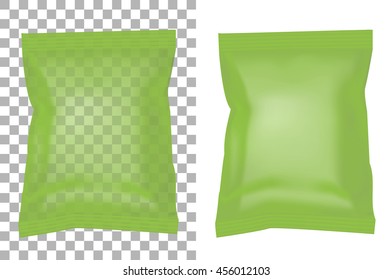 Transparent packaging for snacks, food, chips, sugar and spices. Isolated on a white background.