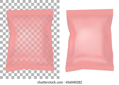 Transparent packaging for snacks, food, chips, sugar and spices. Isolated on a white background.