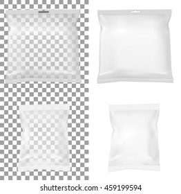 Transparent packaging for snacks, food, chips, sugar and spices. Isolated on a white background.