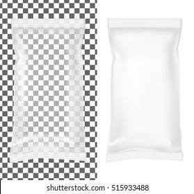 Transparent packaging for snacks, food, chips, sugar and spices. Isolated on a white background
