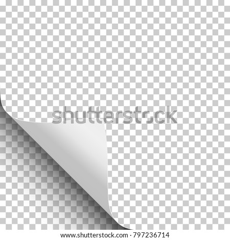 Transparent paper with curled lower left corner and soft shadow. Vector template paper design.