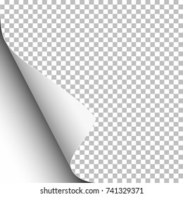 Transparent paper with lower left curl and white background under it. Template paper design. Vector illustration.