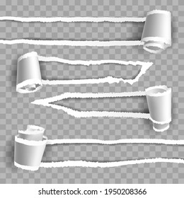Rip de papel transparente. Agujero rotado de papel aislado en fondo transparente, bordes rasgados, vectores de brecha de página arrancados imagen realista