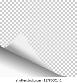 Transparent paper sheet with curled corner in lower left corner and white background under it. Template paper design. Vector illustration.