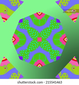 Transparent  pattern of multicolored abstract  shapes  on a green gradient  background and flag.