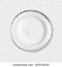 Transparent petri dish with clear cosmetic texture blob with bubbles isolated realistic vector illustration