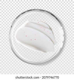 Transparent petri dish with cosmetic scrub smear isolated realistic vector illustration