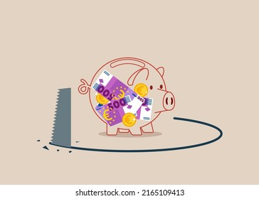 Transparent Piggy Bank Being Sawed Under Neath The Floor To Steal Euro Money. Financial Mistake, Investment Risk And Euro Money Loss In Economic Crisis Or Robbery And Fraud Concept.