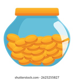Transparent piggy bank overflowing with stacks of gold coins represents the concept of saving money