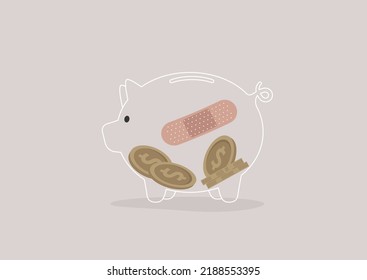 A transparent piggy bank patched with adhesive tape on the outer side, a financial market economical crisis, savings account