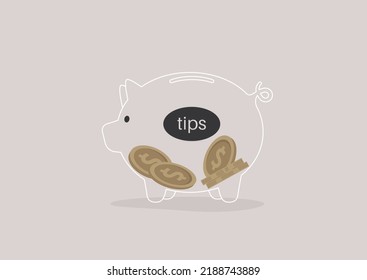 A transparent piggy bank with a sigh tips on it, service industry gratuity