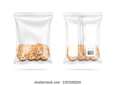 Transparent pillow bag with cookies. Vector illustration on white background. Can be use for template your design, promo, adv. EPS10