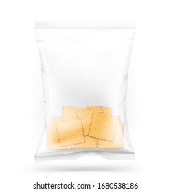 Transparent pillow bag with cookies. Vector illustration on white background. Can be use for template your design, promo, adv. EPS10	
