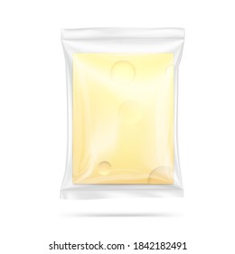 Transparent pillow bag with slices of cheese. Vector illustration isolated on white background. Can be use for template your design, promo, adv.	