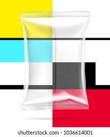Transparent pillow bag. Vector illustration on colorful background. Can be use for template your design, promo, adv. EPS10