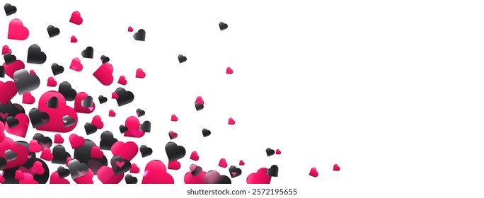 Transparent pink and black heart shapes scattered on white backdrop. Mixed romantic symbols floating from left corner on Valentine day composition. Modern love themed design for greeting cards.