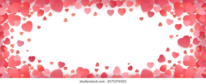 Transparent pink heart shapes border frame on white background. Multiple romantic symbols scattered along edges creating delicate Valentine day design. Rose elements pattern for greeting cards.