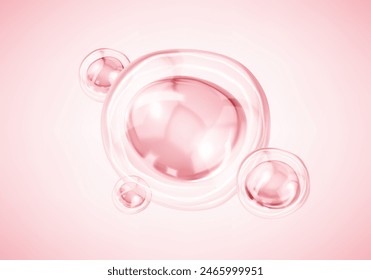 Burbujas de líquido rosa transparente. Burbujas de colágeno en suero. Esencia cosmética. Concepto de solución cosmética para el cuidado de la piel. Vector 3d ilustración