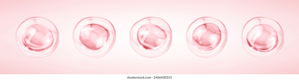 Transparent pink liquid bubbles. Collagen serum bubbles. Cosmetic essence. Concept skin care cosmetics solution. Vector 3d illustration