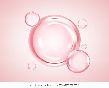 Transparent pink liquid bubbles. Cosmetic oil, serum or essence. Skincare product. Concept skin care cosmetics solution. Vector illustration