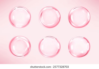 Transparent pink liquid bubbles. Cosmetic oil, serum or essence. Skincare product. Concept skin care cosmetics solution. Vector illustration