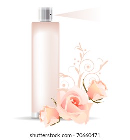 Transparent pink perfume container and three roses