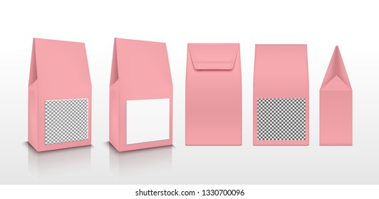 Transparent pink plastic or paper packaging. Sachet for tea, coffee, sweets, cookies and gift.