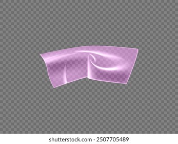 Transparent pink plastic tape. Vector illustration of a realistic curved strip of adhesive tape for design. This mockup offers a rectangular shape on a transparent background.