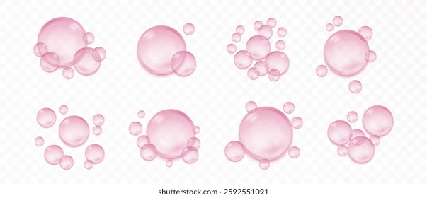 Transparent pink serum droplet with light reflections. Collagen skincare essence. Floating pink essence drops