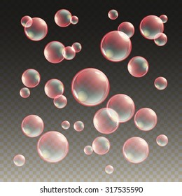 Transparent pink soap bubbles vector set on plaid background. Sphere ball, design water and foam, aqua wash illustration art