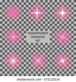 transparent pink sparkle effect set. glowing lights, stars, shine, bursts, flares. for decoration, party, disco, christmas, festival, cards, backgrounds