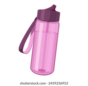 Transparent pink water bottle with a dark cap and strap. Digital vector illustration. Fitness and hydration concept.