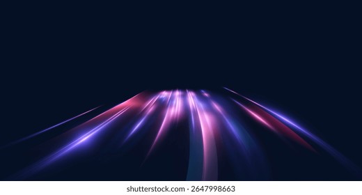 Transparent pink-violet rays of light go upward, creating a feeling of acceleration, movement of the flow of light. Energetic flow with the effect of acceleration. Vector