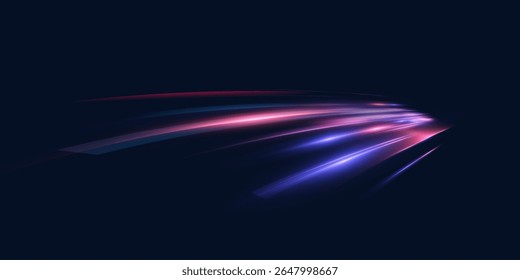 Transparent pink-violet rays of light go upward, creating a feeling of acceleration, movement of the flow of light. Energetic flow with the effect of acceleration. Vector