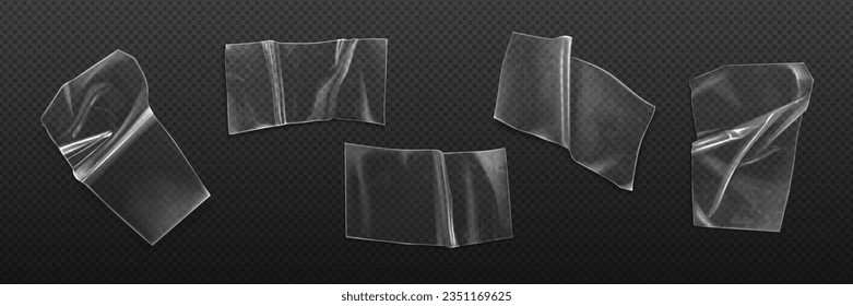 Transparent plastic adhesive tape or sticker - realistic vector illustration of rectangular wrinkled torn pieces of cellophane glue stripe. Mockup of crumpled sticky patch or piece with overlay effect