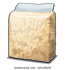 Transparent plastic bag with hay or sawdust for pet rodents isolated on white background. Products of the pet shop. Filler for pets toilets. Vector cartoon close-up illustration.