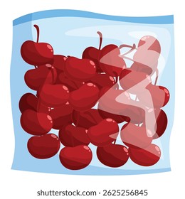 Transparent plastic bag is holding numerous ripe cherries, preserving their freshness