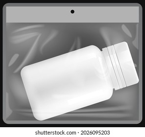 Transparent plastic bag with medicine container. Stretched polyethylene mockup. Jar with pills in plastic packaging isolated on transparent background. Polyethylene packaging for storing medications
